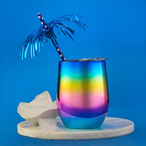 CHILLOUT LIFE 12 oz Stainless Steel Wine Tumbler with Lid - Double Wall Vacuum Insulated Wine Cup Glass Keeping Cold & Hot for Coffee, Champagne, Cocktails, Ice Cream - Colorful Rainbow - color: Rainbow, style: 1 Pack