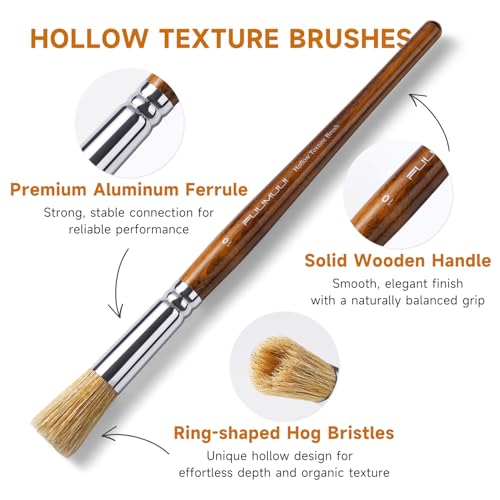 Fuumuui Texture Paint Brush Set, 5Pcs Hollow Natural Hog Split Bristle Flat Artist Paint Brushes for Watercolor, Gouache, Acrylic and Oil, Textured Canvas Creation for Beginners & Professional