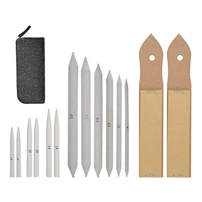 HOODANCOS 15pcs Stumps and Tortillions Set with Sandpaper Pencil Sharpener for Sketching Blending and Drawing Artists and Students Dark Grey Bag
