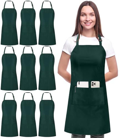 Utopia Kitchen 10 Pack Bib Apron Adjustable with 2 Pockets, Water and Oil Resistant, Cooking Kitchen Chef Apron for Women Men - color: Green