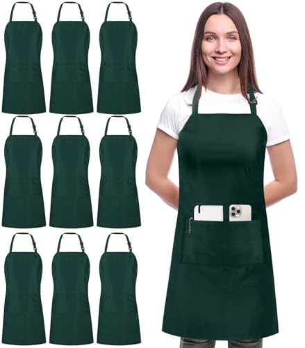 Utopia Kitchen 10 Pack Bib Apron Adjustable with 2 Pockets, Water and Oil Resistant, Cooking Kitchen Chef Apron for Women Men - color: Green