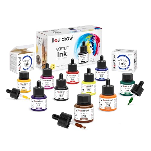 Liquidraw Acrylic Drawing Ink - 10 x 1.18 fl oz (35 ml) Bottles with Ink Dropper | Suitable for Painting, Art Drawing & Design | Great for Professionals, Artists, Students & Hobbyists | Craft Gift