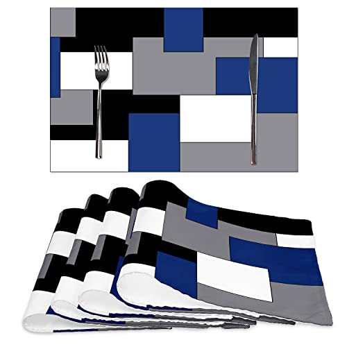Blue Grey Black White Placemats Set of 4,Geometric Square Table Place Mats Waterproof Burlap Washable Dining Placemats for Home Kitchen Decorations (Blue Black, 12" Wx18 L) - color: Blue Black