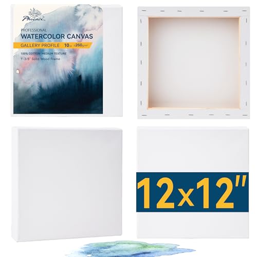 PHOENIX Gallery Depth Watercolor Canvas - 12x12 Inch/4 Pack, 1.5 in Deep 100% Cotton Water Color Square Canvases for Painting, 260g Medium Texture Canvas for Water Based Paints - size: 12"x12", style: Gallery Canvas