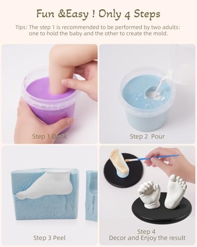 Baby Casting Kit Footprint and Hand Mold Pink & Blue with Wood Base, Personalized Newborn Shower Gifts for Baby Boy and Girl 0-9 Months