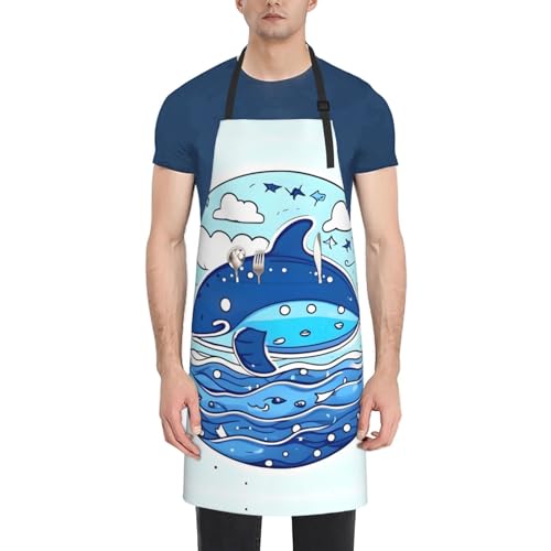 Round watercolor painting Heavy Duty Waterproof Apron with Pockets for AdultsResistant Grilling, Gardening, Painting - color: Small Whale Swimming