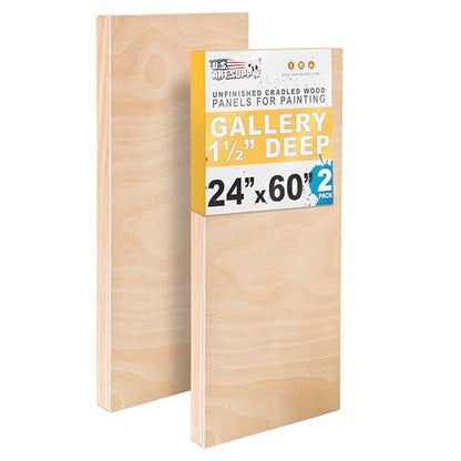 U.S. Art Supply 24" x 60" Unfinished Cradled Wood Panels for Painting, Gallery 1-1/2" Deep (2 Pack) - Artist Depth Wooden Wall Canvases - Mixed-Media Craft, Acrylic, Oil, Encaustic, Paint Pouring - size: 24" x 60"
