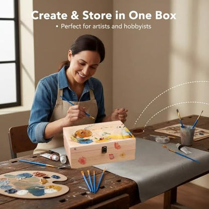 Unfinished Wooden Box 10x7x7 Inch with Hinged Lid & Clasp, Natural Pine Craft Storage Box for DIY Painting, Stain & Wood Burning, Includes 10 Paint Brushes