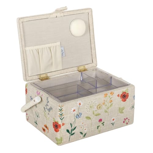 Hobby Gift Medium Sewing Box Organiser, Fabric Covered Storage Box with Handle, Internal Tray, Pin Cushion and Pocket for Sewing, Quilting and Knitting Supplies - color: Wild Flower