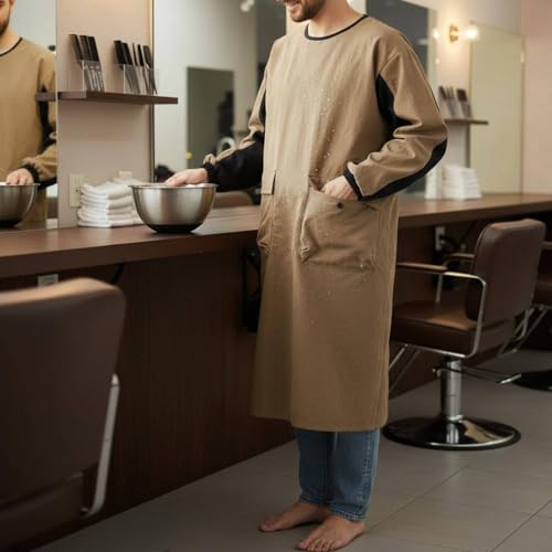 Long Sleeves Smock Water Resistant Waterproof Work Gown Large Pockets Full Coverage Apron for Baristas, Hairdressers - color: Brown