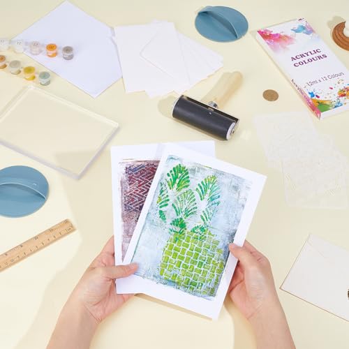 WEBEEDY Gel Printing Plate Kit Geometric Printmaking Supplies Includes 5x7 Inch Reusable Gelatin Plate,Stencils,Acrylic Paint,Essential Tools and Instruction for Adults Beginner Printmaking Supplies