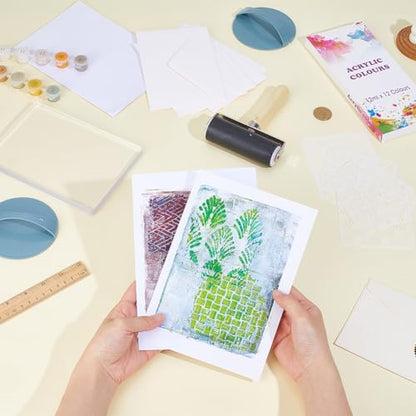 WEBEEDY Gel Printing Plate Kit Geometric Printmaking Supplies Includes 5x7 Inch Reusable Gelatin Plate,Stencils,Acrylic Paint,Essential Tools and Instruction for Adults Beginner Printmaking Supplies