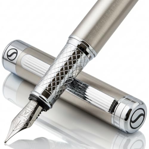 Scriveiner Stainless Steel Fountain Pen - Stunning Luxury Pen with Steel Finish, Schmidt Steel Nib (Medium), Pen Gift Set for Men & Women, Professional, Executive Office, Nice Designer Pens - color: 13. Stainless Steel with Chrome, style: Medium Nib