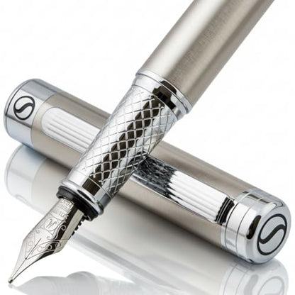 Scriveiner Stainless Steel Fountain Pen - Stunning Luxury Pen with Steel Finish, Schmidt Steel Nib (Medium), Pen Gift Set for Men & Women, Professional, Executive Office, Nice Designer Pens - color: 13. Stainless Steel with Chrome, style: Medium Nib