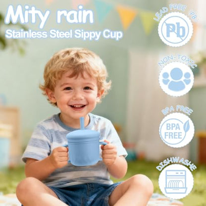 2PCS Stainless Steel Sippy Cups for Toddlers1-3, Baby Straw Cups for 6+Month Old with Travel Lid, Silicone Straw, Replacement Straw & Cleaning Brush-8oz Toddler Cups Spill Proof Set (Blue+Green) - color: Green/Blue