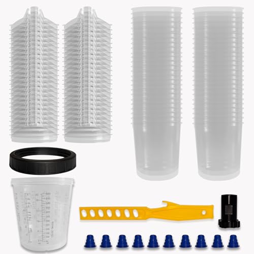 Disposable Paint Spray Gun System, 20 Ounce Kit with 50Cups and Lids System, 1 Hard Cup with Retainer Ring and 10 Plugs,Including 1 Spray Gun Adapter and 1 Paint stir Stick
