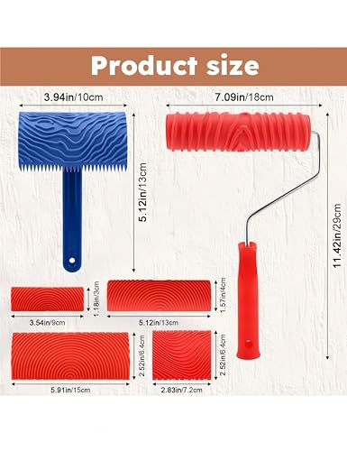 6PCS Wood Grain Tool Set，7" Fake Wood Grain Roller Painting Tool with Handle DIY Rubber Graining Tool Paint for Wall Room Art Paint Decoration,Paint that Looks Like Wood Grain，Faux Wood Paint
