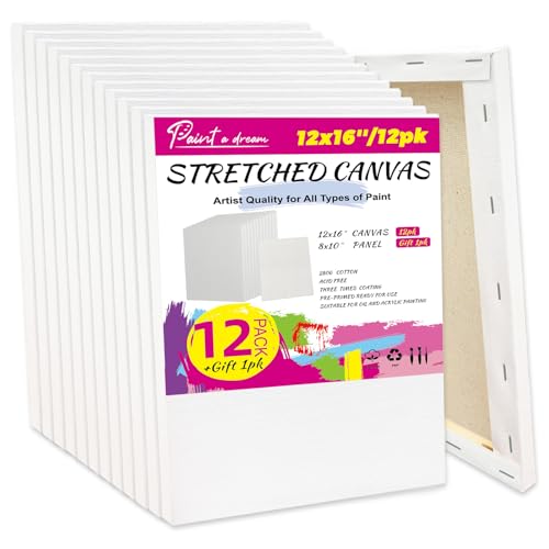 Stretched Canvas for Painting, 2Pack 36X48 Large Canvas for Painting, 15 Oz Triple Primed 2/3" Profile Cotton Professional Artist Quality Blank Canvas,Ready to Paint, Art Supplies for Acrylic, Oil - size: 12x16" - 12Pack