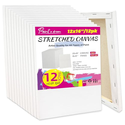 Stretched Canvas for Painting, 2Pack 36X48 Large Canvas for Painting, 15 Oz Triple Primed 2/3" Profile Cotton Professional Artist Quality Blank Canvas,Ready to Paint, Art Supplies for Acrylic, Oil - size: 12x16" - 12Pack