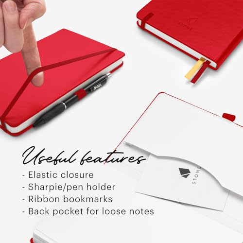 Stone Journal Chef Notebook – 13 × 21 cm Waterproof Paper, 144 Pages, Half Lined & Half Blank, Vegan Leather Hardcover, Kitchen Conversions, Premium Journal (Red) - color: Red