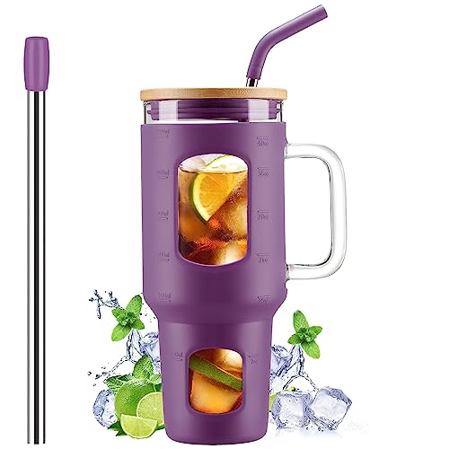WINSA Glass Tumbler with Straw and Lid, 40 oz glass cup with handle, Glass Water Bottles with Time Marker, Silicone Protective Sleeve-Dark Purple - color: Dark Purple, size: 40 Ounces