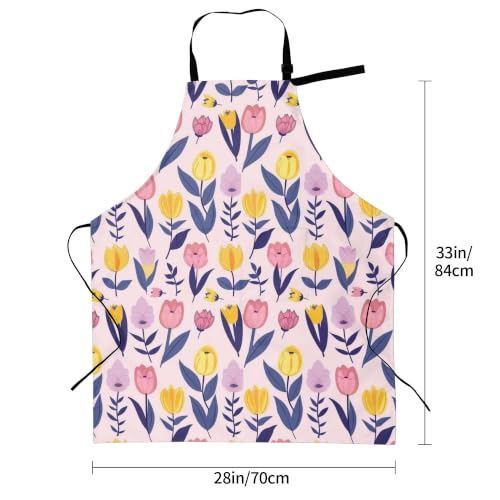 Cream Pastel Wildflower Art Waterproof Apron with Pockets | Garden Aprons for Men Women Adjustable Bib Apron for Cooking Kitchen Baking BBQ Painting Housework Oil Resistant - color: Playful Spring Bloom