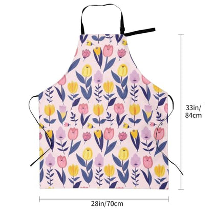 Cream Pastel Wildflower Art Waterproof Apron with Pockets | Garden Aprons for Men Women Adjustable Bib Apron for Cooking Kitchen Baking BBQ Painting Housework Oil Resistant - color: Playful Spring Bloom
