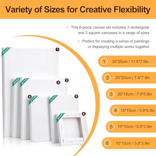 6-Piece Canvas Set for Painting – 11.8x7.9”, 7.9x5.9”, 5.9x3.9”, 7.9x7.9”, 5.9x5.9”, 3.9x3.9” Stretched Canvas Panels – White Artist Canvas Boards for Oil, Acrylic & Craft Painting (Model A) - size: Model A