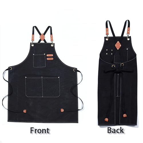 Multi-Pocket Waterproof Oil-Proof Canvas Cotton Apron Cross-Back Adjustable Straps For Chefs Barbers Carpenters - color: Black