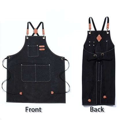 Multi-Pocket Waterproof Oil-Proof Canvas Cotton Apron Cross-Back Adjustable Straps For Chefs Barbers Carpenters - color: Black