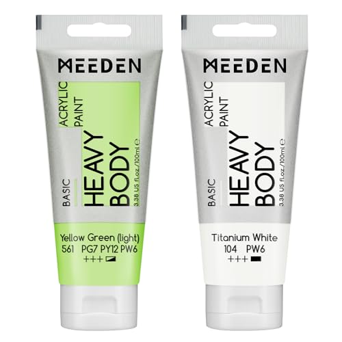 MEEDEN Acrylic Paint Yellow Green Light: 100ml/3.38oz Heavy Body Acrylic Paint Tube Bundled with Additional Titanium White Color for Art Craft Painting - color: Yellow Green (light), size: 2 Tubes