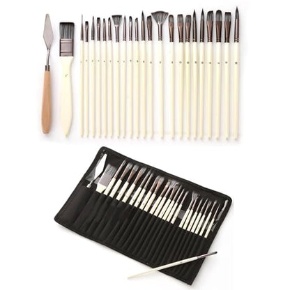 24pcs Paint Brush Set, Expert Series, 23 Different Shapes + Mixing Knife with Cloth Roll Case, Enhanced Synthetic Painting Brushes Set for Acrylic, Watercolor, Oil, Gouache (Cream) - color: Cream