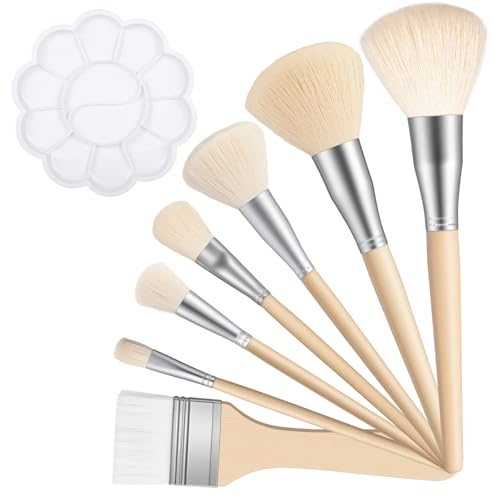 ElevateTech Gilding Brush Set, 7 Pcs Goat Hair Blend Mop Brush Set with Color Palette for Acrylic Painting Professional Blending Brushes for Gouache Watercolor Oil Face Body Art Painting Gold foil