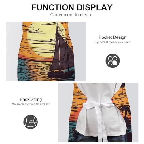 Bib Aprons Waterproof Chef Apron Fashion Painting Artist Apron | Sunset And Sailboat Apron for Men Women Adjustable Cooking Apron Funny Kitchen Aprons Polyester Art Aprons