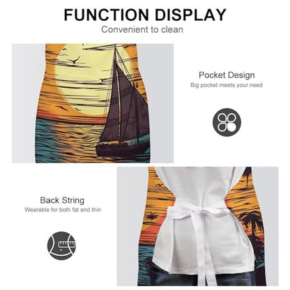 Bib Aprons Waterproof Chef Apron Fashion Painting Artist Apron | Sunset And Sailboat Apron for Men Women Adjustable Cooking Apron Funny Kitchen Aprons Polyester Art Aprons