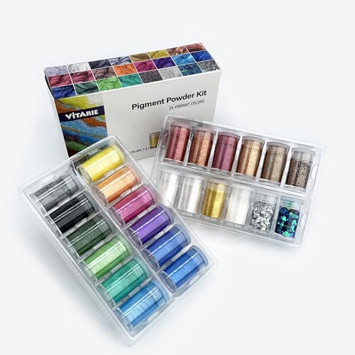 VITARIE Pigment Set - 24 Colors Mica Powder for Lip Gloss, Skin Paint, Bath Bombs, Soap Making, Nail Polish, Epoxy Resin, Candle - 0.11oz Each (20 Jars Mica + 4 Jars Glitter) - color: White,Balck,Silver,Gold,Yellow,Metallic,Orange,Rose,Purple,Blue,Green,H