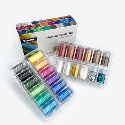 VITARIE Pigment Set - 24 Colors Mica Powder for Lip Gloss, Skin Paint, Bath Bombs, Soap Making, Nail Polish, Epoxy Resin, Candle - 0.11oz Each (20 Jars Mica + 4 Jars Glitter) - color: White,Balck,Silver,Gold,Yellow,Metallic,Orange,Rose,Purple,Blue,Green,H