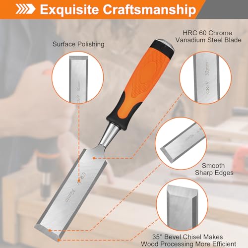 KINGBRO Wood Chisel, 6 Pcs Wood Carving Chisels for Woodworking Tools, Durable Carbon Steel PP+TPR High Impact Handle Wood Chisel Sets Gifts for Woodworkers Carpenter Craftsman, 6/12/19/25/32/38mm