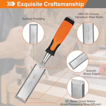 KINGBRO Wood Chisel, 6 Pcs Wood Carving Chisels for Woodworking Tools, Durable Carbon Steel PP+TPR High Impact Handle Wood Chisel Sets Gifts for Woodworkers Carpenter Craftsman, 6/12/19/25/32/38mm