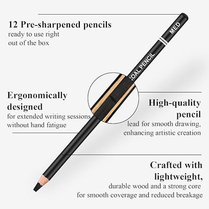 Aenir Charcoal Pencils for drawing, Set of 12, Charcoal Drawing Pencils (S-Soft, Soft, Medium, Hard), Art Supplies for Artist, Sketching, Shading - color: Black