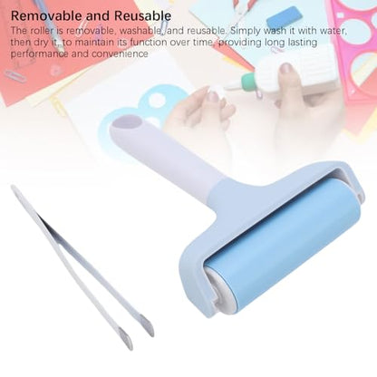 FAUOSWUK Rubber Brayer Roller, Silicone Roller and Tweezers Kit, Boat Flooring Install Printmaking Painting Stamping Wallpaper Gluing for Bubble Removal, Gripping and Lifting Threads (Light Blue) - color: Light Blue