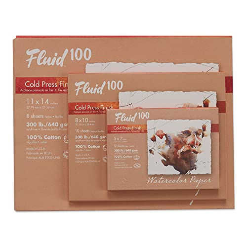 Fluid 100 Watercolor Paper, 8 x 10 Inchs, 10 Sheets, 300lb Cold Press, 100% Cotton, Artist Archival Quality - size: 8 x 10 (300 lb)