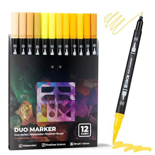 ZSCM Yellow Duo Tip Marker Pens, 12 Pack Fine & Brush Markers for Adult Coloring Books No Bleeding, Sunshine Yellow Markers for Summer Themes, Sunflower Art, Energetic Accents and Happy Doodles - color: 12 Yellow