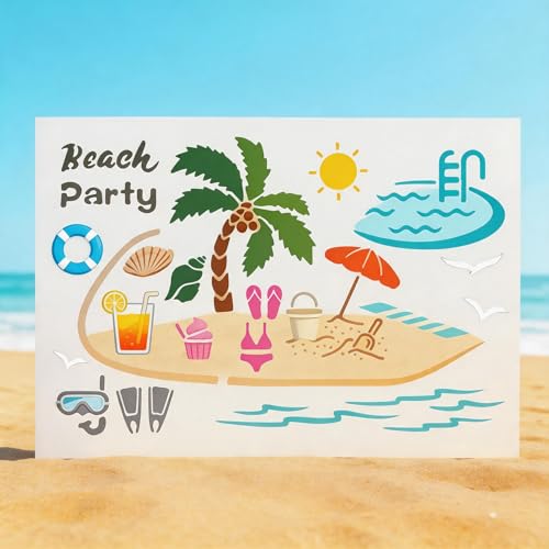 TIAMECH A4 Reusable Summer Beach Party Stencil for Painting | Tropical Seaside Layering Template, DIY Wall Art, Wood Furniture, Scrapbook & Crafts (8.3x11.7inch) - style: Summer Beach Party