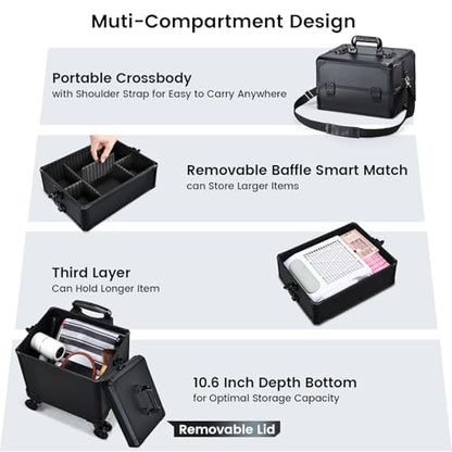 Rolling Makeup Case Makeup Train Case with Lid 5 in 1 Cosmetology Case on Wheels Cosmetic Trolley Organizer Large Makeup Organizers Case Profesional Cosmetic Case for Salon Barber Nail Beauty, Black - color: Black