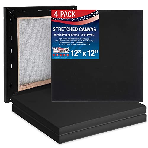 U.S. Art Supply 12x12 inch Black Mini Canvases for Painting, 4 Pack Bulk Small Stretched Artist Canvas Professional Primed - Ideal for Arts & Crafts, Heavy-Weight Gesso - Acrylic Pouring, Oil - size: 12" x 12"
