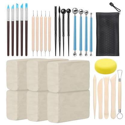 ZEHIQ White Air Dry Clay 6.6 lbs with 25pcs Pottery Sculpting Tools Set | Natural Modeling Clay, Pottery Wheel & Hand Building, DIY Craft Projects, Perfect for Beginners and Professional artists - color: 6.6lbs white + tools