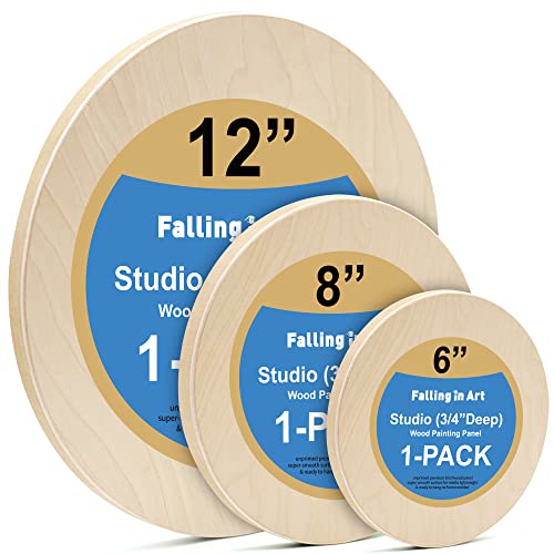 Falling in Art Unfinished Round Birch Wood Panels Kit for Painting, Wooden Canvas 3 Pack of 6, 8", and 12" Studio 3/4" Deep, Cradle Boards for Pouring, Art, Crafts, Burning and More - size: 6‘+8'+12' round 1 PACK