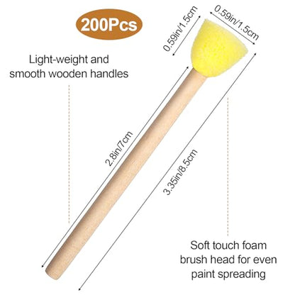 200 Pcs Round Sponges Foam Brush Set, 0.6 Inch Paint Sponge Daubers with Wooden Handle Foam Stencil Brush Painting Tools for Painting Crafts