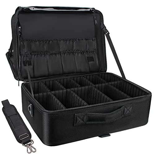 Relavel Extra Large Makeup Case Travel Makeup Train Case Professional Makeup Artist Bag Portable Nail Organizer Box Art Supply Case with Adjustable Dividers/Attach to Trolley/Shoulder Strap (Black) - color: Black, size: Extra Large